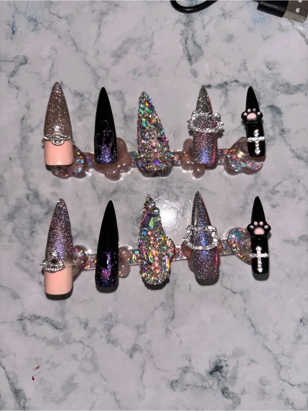Stylish Women's Press-On Nail Set in Pink, Black & Holographic - Unbranded